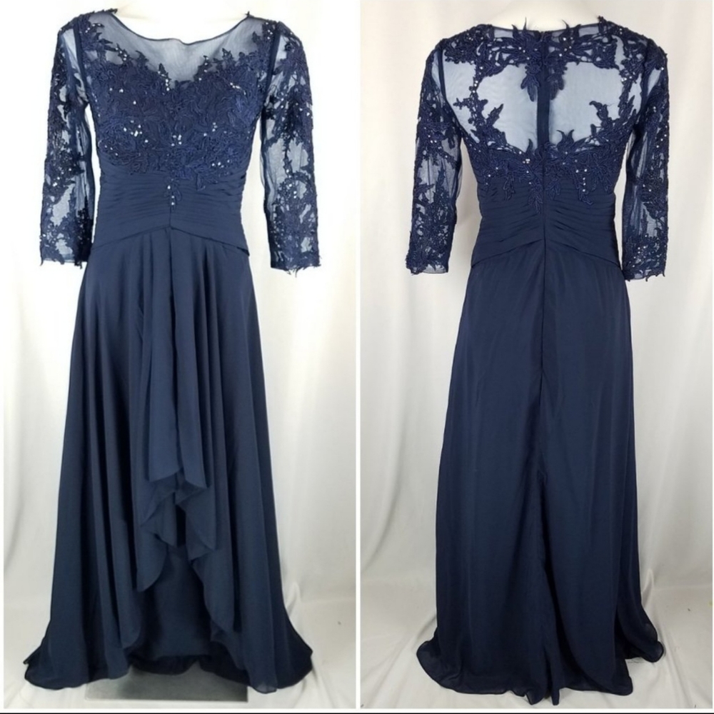 LanTing dress navy blue MOTHER OF THE BRIDE embroidered lace net maxi 6 …